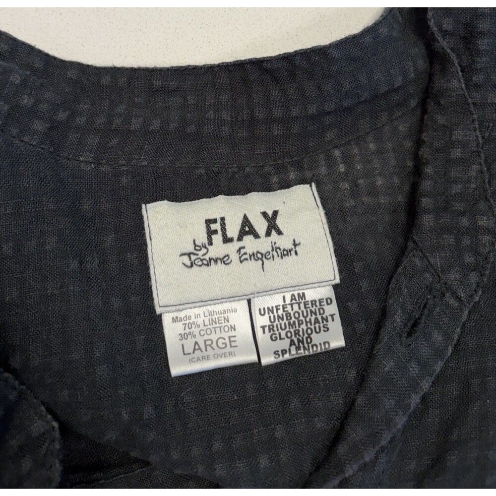 FLAX Linen Blend Mandarin Collar Shirt Womens L Black Waffle Texture Tunic - Picture 6 of 6